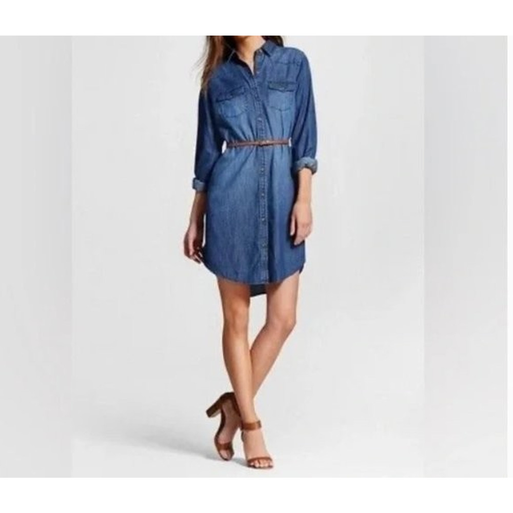 Merona Blue Chambray Denim Shirt Dress Sz XS Belt Button Front Long-Sleeve